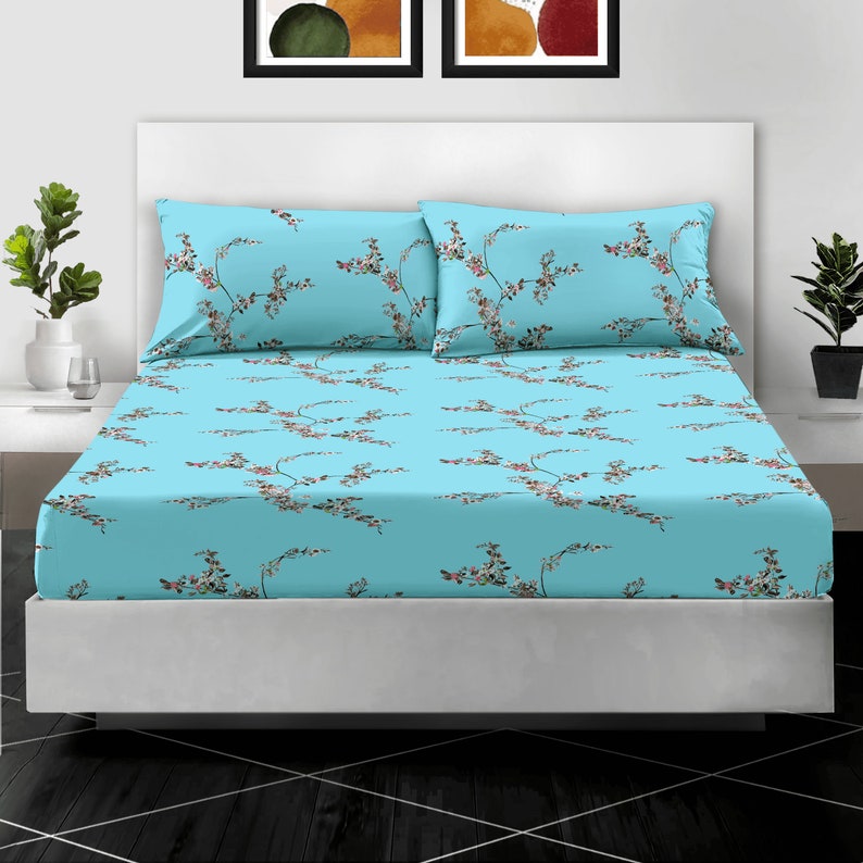 100 Egyptian Cotton Printed Fitted Sheet Reversible Bed Sheets Double