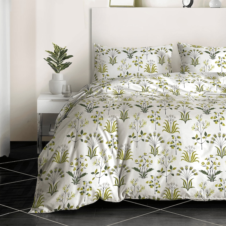 Printed Duvet Cover Set Quilted Bedding Duvet with Pillowcases 100% Egyptian Cotton 400TC Single Double King size Fern Green