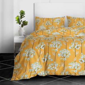 Printed Duvet Cover Set Quilted Bedding Duvet with Pillowcases 100% Egyptian Cotton 400TC Single Double King size Floral Yellow