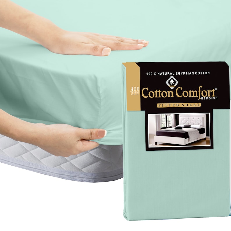 100% Egyptian Cotton Plain Fitted Sheet 25cm-Soft & Breathable 400 Thread Count in Single Double King Size Duck Egg