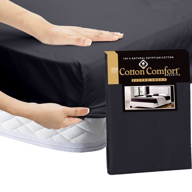 100% Egyptian Cotton Plain Fitted Sheet 25cm-Soft & Breathable 400 Thread Count in Single Double King Size Black