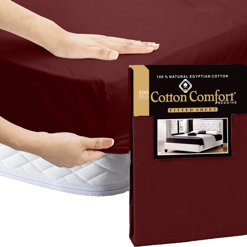 100% Egyptian Cotton Plain Fitted Sheet 25cm-Soft & Breathable 400 Thread Count in Single Double King Size Burgundy