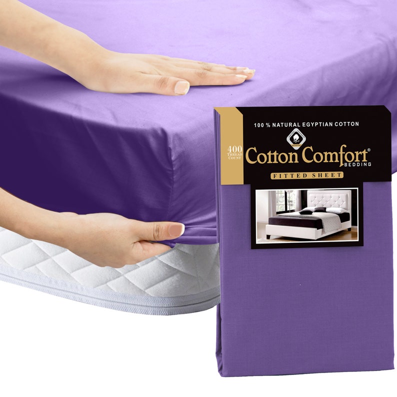 100% Egyptian Cotton Plain Fitted Sheet 25cm-Soft & Breathable 400 Thread Count in Single Double King Size Lilac