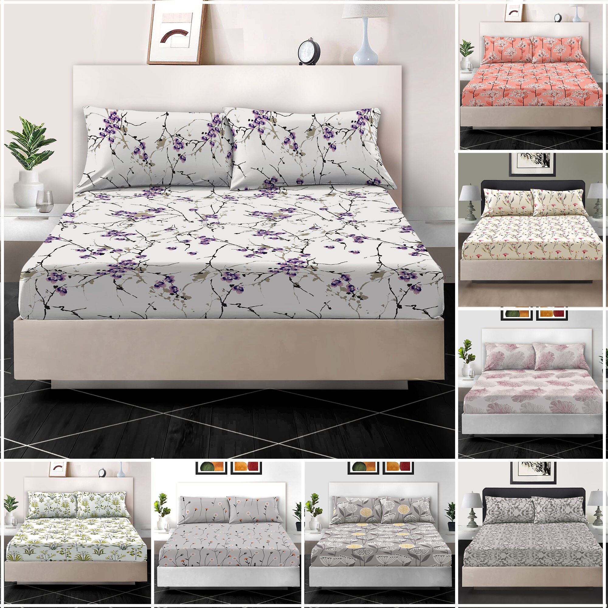 100 Egyptian Cotton Printed Fitted Sheet Reversible Bed Sheets Double