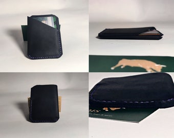 Wallet Card Holder - Cuir suédé noir avec un design minimaliste fin / petit - Design 2 poches, porte-cartes de visite, porte-cartes de crédit