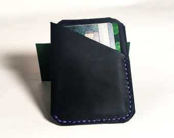 Wallet Card Holder - Cuir suédé noir avec un design minimaliste fin / petit - Design 2 poches, porte-cartes de visite, porte-cartes de crédit