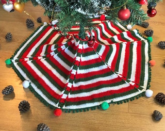 Crochet Christmas Tree Skirt, Granny Ripple Pattern, Vintage Crochet Pattern, Decorative Holiday Home Decor, Holiday Accents, Pompoms