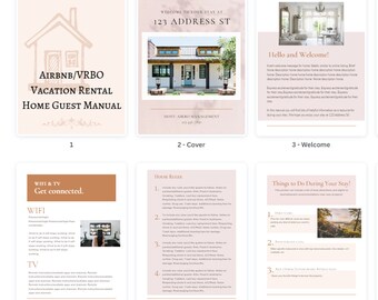 May include: A six-page guide for Airbnb and VRBO vacation rental guests. The guide includes information on WiFi and TV, house rules, and things to do during a stay. The cover page features a house illustration and the text "Airbnb/VRBO Vacation Rental Home Guest Manual".