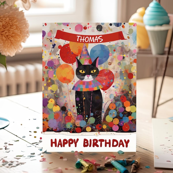 Personalized birthday card, printable gift for birthday, bestfriend birthday gift, black cat, unusual gifts for men, cat lover gift for bday