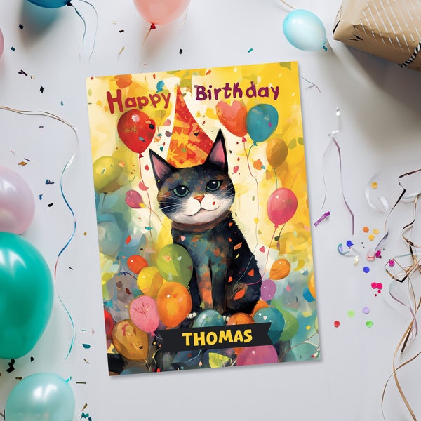 Personalized birthday card, printable gift for birthday, bestfriend birthday gift, colorful cat celebrating birthday, unusual gifts for men