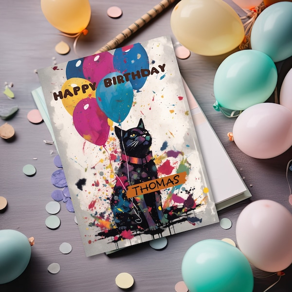 Geburtstagskarte personalisiert, Geschenk für Geburtstag, Geburtstagskarte Freund, faltbares Geschenk für Sie, schwarze Katze im Graffiti Style