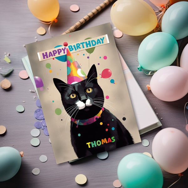 Personalized birthday card printable gift, bestfriend birthday gift, pop art cat celebrating birthday, black cat greeting card, downloadable