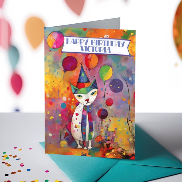 Personalized birthday card, printable gift for birthday, bestfriend birthday gift, colorful cat celebrating birthday, unusual gifts for men