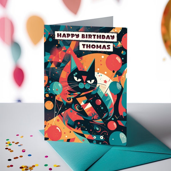 Personalized birthday card printable gift, bestfriend birthday gift, pop art cat celebrating birthday, black cat greeting card, downloadable