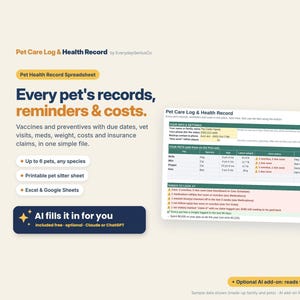 May include: A digital Pet Care Log & Health Record spreadsheet template for up to 6 pets. The interface includes sections for pet info, vaccines, vet visits, medications, weight, and costs. It features an optional AI add-on for vet invoices.
