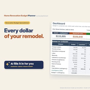 Home Renovation Budget Planner Spreadsheet, Remodel Tracker, Contractor Bids, AI Add-On Included