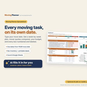 May include: A digital moving planner spreadsheet by EverydayGeniusCo featuring a dashboard with task lists, budget tracking, and phase charts. The interface includes text fields for move dates, box inventory, and AI-assisted scheduling tools.