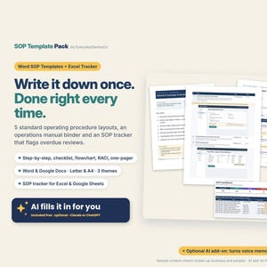 以下が含まれることがあります： EverydayGeniusCoによるSOPテンプレートパック。WordテンプレートとExcelトラッカーが含まれています。テキスト：Write it down once. Done right every time. 5つのレイアウト、運用マニュアルバインダー、トラッカーが含まれています。AI fills it in for you.