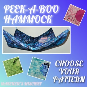 May include: A blue and white patterned hammock with a peek-a-boo window.  Choose your pattern:  green with swirls, blue with swirls, or pink with stars.  "Peek-A-Boo Hammock" text is at the top of the image.