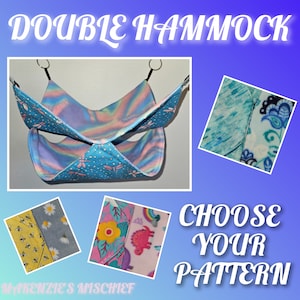 May include: Double hammock for small pets, with a choice of patterns including a blue and pink tie-dye, a blue and green paisley, a yellow and gray bee pattern, and a pink and purple dinosaur pattern. The text "Choose Your Pattern" is displayed below the patterns.