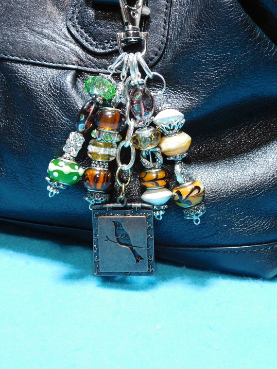 MDAuctionFinds Purse Charms Keychain Bling for Designer Purses Handcrafted, Bird and Beads