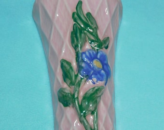 Morton Pottery Pink 1950s Vintage Wall Pocket Planter Vase w/ Flowers
