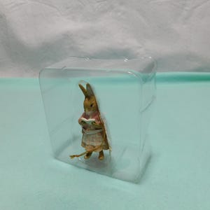 May include: A small rabbit figurine wearing a pink jacket and a white skirt with a pink plaid pattern, holding a small white book. The figurine is encased in a clear plastic protective shell and features a thin gold hanging cord attached to its back.