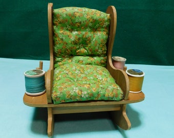 Vintage Wooden Rocking Chair Pincushion Green Floral