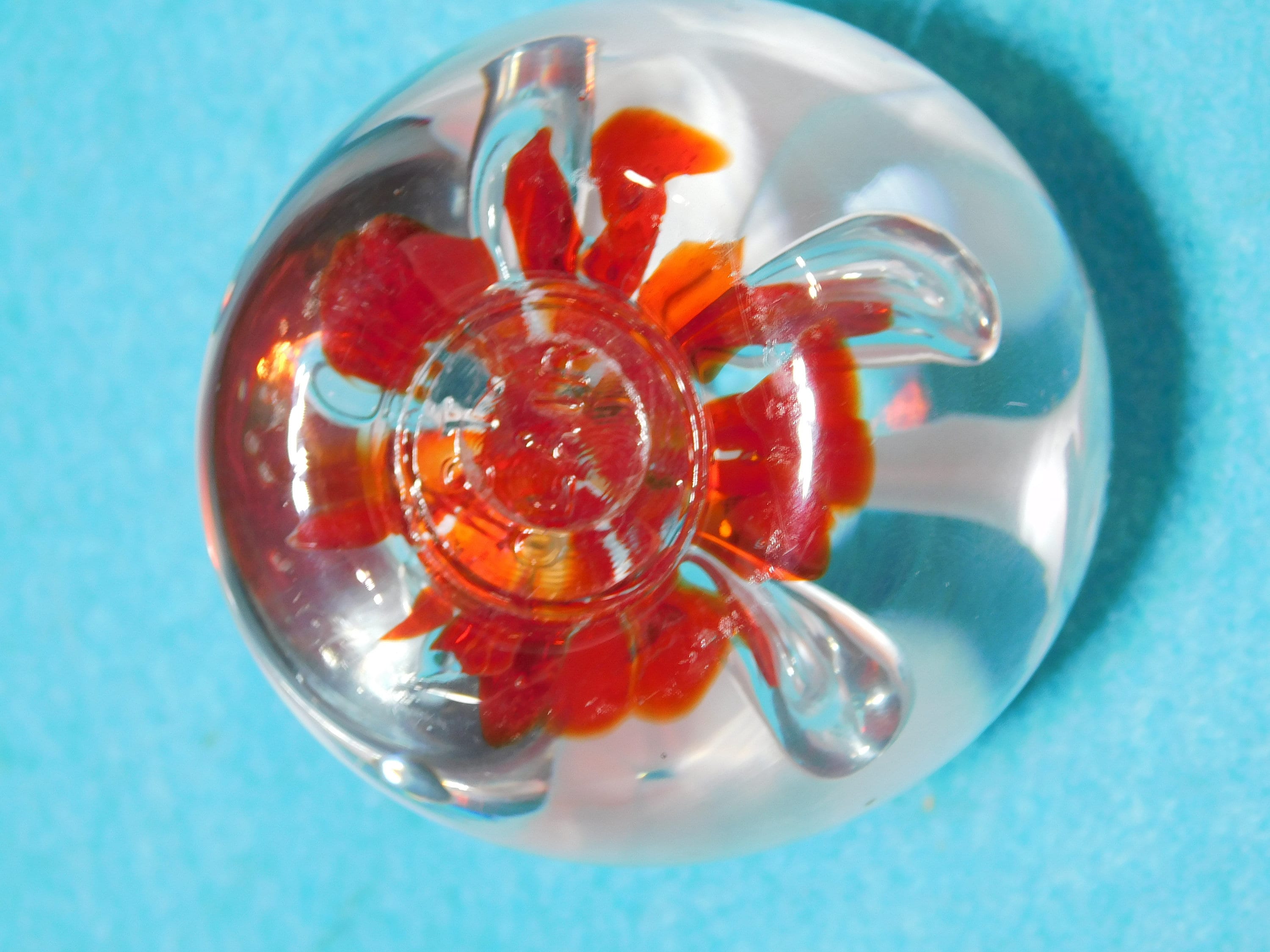 Vintage Joe St. Clair Paperweight White Trumpet Flower Red Orange