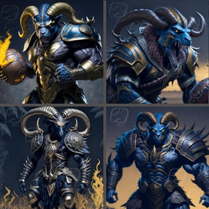 May include: Four digital illustrations of a blue and gold armored creature with horns. The creature is depicted in different poses, including holding a football.