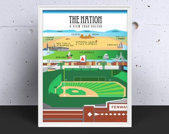 Puede incluir: Una ilustración verde y marrón del Fenway Park, un estadio de béisbol en Boston, Massachusetts. La ilustración muestra el campo, las gradas y el área circundante, incluyendo el río Charles, la Universidad de Harvard y el MIT. El texto "THE NATION A VIEW FROM BOSTON" está en la parte superior de la ilustración.