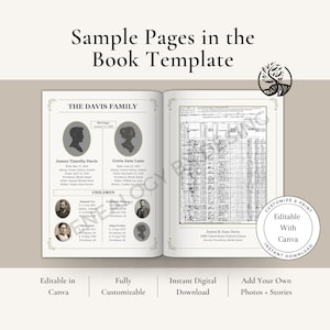 May include: A book template with sample pages. The left page features family information, including names and dates. The right page displays a detailed document. The text "Sample Pages in the Book Template" is at the top. Additional text includes "Editable in Canva", "Fully Customizable", and "Instant Digital Download".