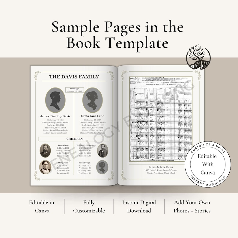 May include: A book template with sample pages. The left page features family information, including names and dates. The right page displays a detailed document. The text "Sample Pages in the Book Template" is at the top. Additional text includes "Editable in Canva", "Fully Customizable", and "Instant Digital Download".