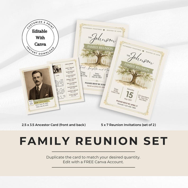 Family Reunion Invitation & Ancestor Card Set (canva Template) - Etsy