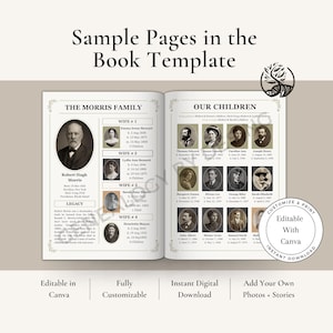 May include: Open book template with sample family history pages. Features portraits, names, and dates. Text includes "The Morris Family" and "Our Children." The design is customizable and available for instant download.