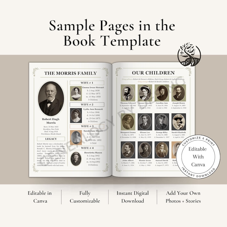 May include: Open book template with sample family history pages. Features portraits, names, and dates. Text includes "The Morris Family" and "Our Children." The design is customizable and available for instant download.