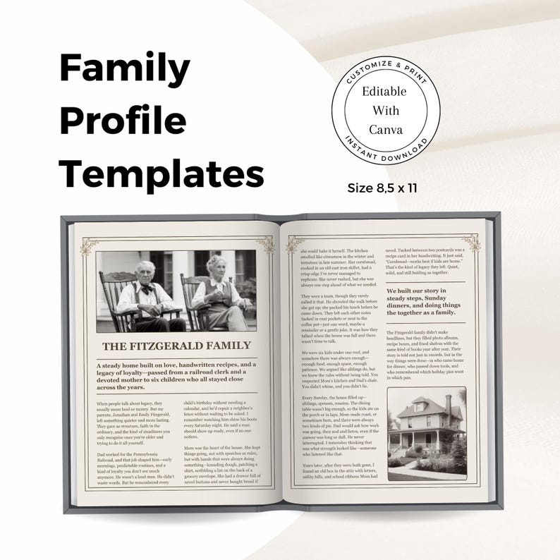 May include: A black and white photo of an older couple sitting on a porch. The photo is framed in a black frame with a gold border. The text "The Fitzgerald Family" is printed below the photo. The text "A steady home built on love, handwritten recipes, and a legacy of loyalty-passed from a railroad clerk and a devoted mother to six children who all stayed close across the years." is printed below the text "The Fitzgerald Family".