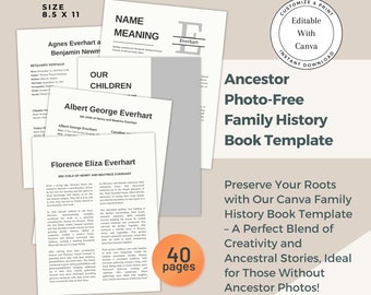 Ancestor Photo-Free Family History Book Template / Canva Editable Book Template / Editable Biography Pages / Genealogy Book / Tree Template