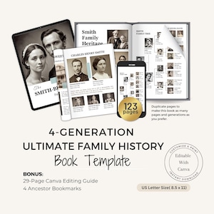 May include: A family history book template with the text "4-GENERATION ULTIMATE FAMILY HISTORY Book Template". The image includes a tablet, a phone, and an open book, all displaying family tree pages. Bonus includes a 29-page Canva editing guide and 4 ancestor bookmarks.