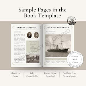 May include: Open book template sample pages with text and images. The left page features "Wilson Heritage" with text and portraits. The right page shows "Journey to America" with a ship illustration. Includes "Editable with Canva" text.