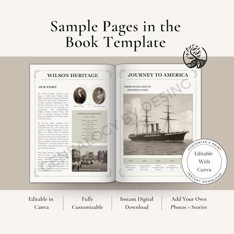 May include: Open book template sample pages with text and images. The left page features "Wilson Heritage" with text and portraits. The right page shows "Journey to America" with a ship illustration. Includes "Editable with Canva" text.