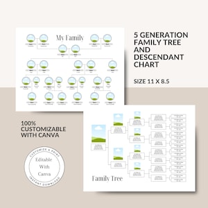 Customizable 5-Generation Family Tree and 5 Generation Descendant Tree Templates / Editable Tree / Family History / Instant Download