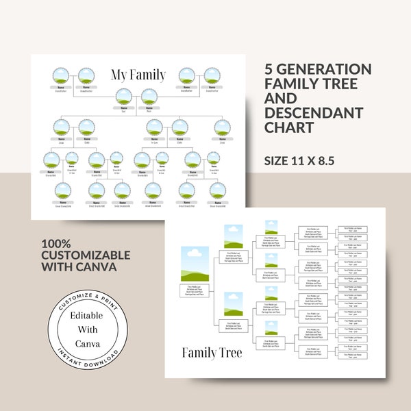 Customizable 5-Generation Family Tree and 5 Generation Descendant Tree Templates / Editable Tree / Family History / Instant Download