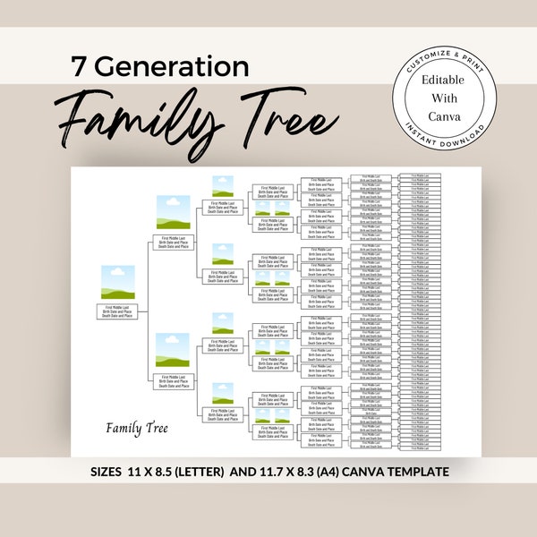 Customizable 7-Generation Family Tree / Family History / Editable Canva Family Tree / Pedigree Chart / Instant Download