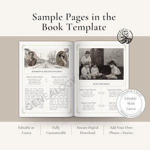 May include: A book template spread with sample pages. The left page features photos and text about Andrew & Helena Wilson. The right page shows photos and text about their children. Text includes "Sample Pages in the Book Template" and "Editable with Canva."