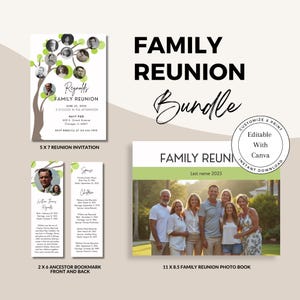 Paquete de invitación a reunión familiar, marcapáginas y álbum de fotos / Plantilla Canva / Recuerdo del árbol genealógico