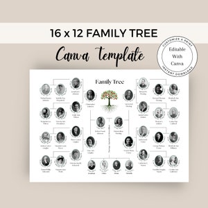 May include: A black and white family tree template featuring a green apple tree at the top. The template is 16 inches by 12 inches and is editable with Canva. The template includes space for names, dates, and photos.
