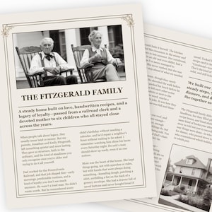 May include: Black and white photo of a family sitting on chairs on a porch. The text "The Fitzgerald Family" is at the top of the image. The text below reads "A steady home built on love, handwritten recipes, and a legacy of loyalty - passed from a railroad clerk and a devoted mother to six children who all stayed close across the years."