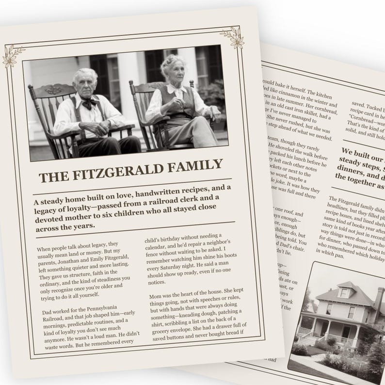 May include: Black and white photo of a family sitting on chairs on a porch. The text "The Fitzgerald Family" is at the top of the image. The text below reads "A steady home built on love, handwritten recipes, and a legacy of loyalty - passed from a railroad clerk and a devoted mother to six children who all stayed close across the years."