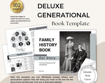 DELUXE GENERATIONAL Family History Book Template / Customize with Canva / Easy-to-Edit Ancestry Printable Book / 4 Family Trees / Genealogy